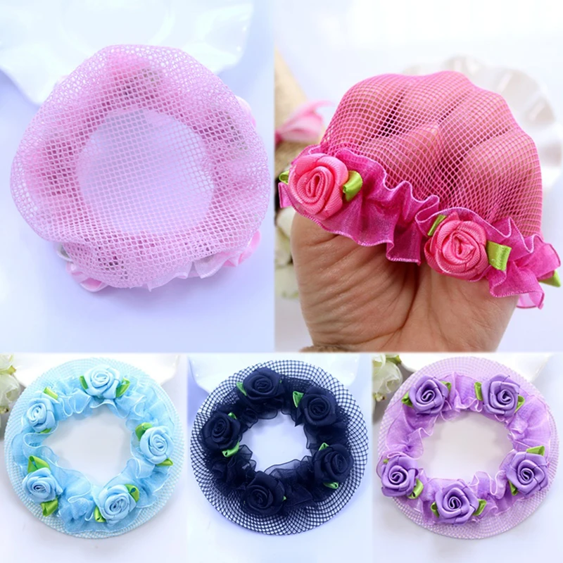 1PC Elastic Kids Dancers Bun Hair Nets Girls Ballet Dance Grade Examination Cute Flower Hair net