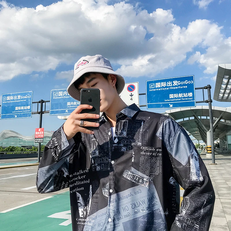 

2019 Spring And Autumn Men's New Long-sleeved Printed men Shirt Fashion Youth Loose Casual Trend Temperament Personality camisa