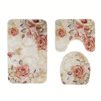 

Three Pieces Toilet Rug Bathroom Pedestal Mat Set Comfortable Non-Slip Water-absorbing Bath Mat Toilet Lid Cover Contour Rug