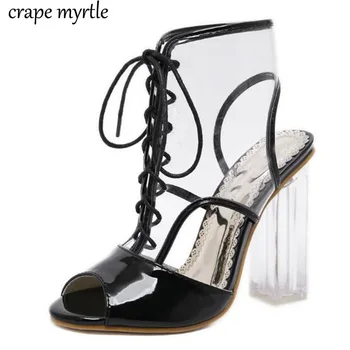 

Transparent Gladiator Sandals Peep Toe Lace-Up Shoes Clear Chunky heels Sandals Women 2020 shoes woman summer Sandals YMA681