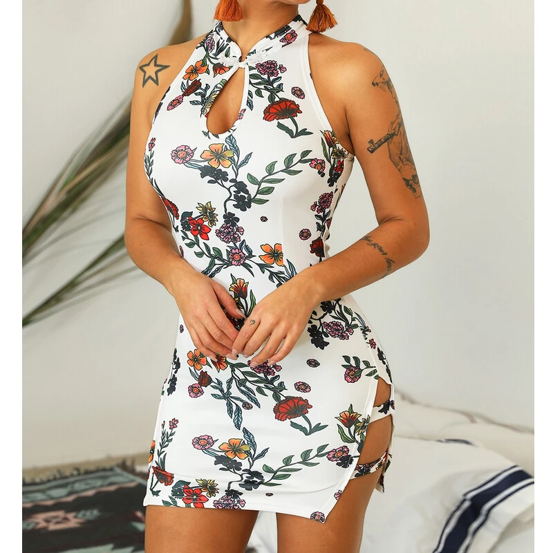 

Sexy Bodycon Dress Women Hollow Sleeveless Floral Print Dresses Clubwear High Stretch Skinny Tight Dress Vestidos New Trendy
