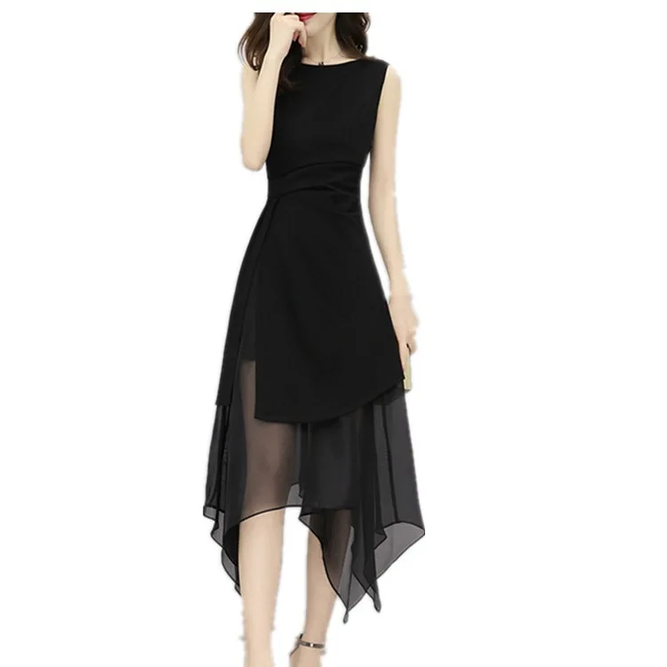 

2019 Women Summer Chiffon Dress O-neck Sleeveless Black Dress Casual Rregular Vintage Party Dresses Vestidos