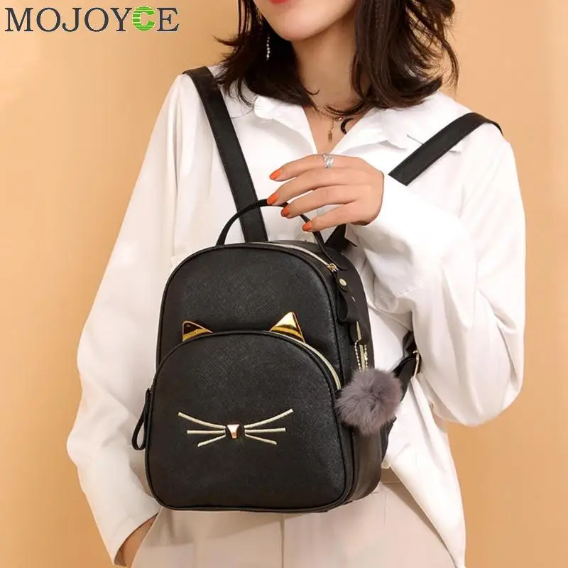 Women Rucksack Teenagers Backpack PU Leather School Bags for Girls Cartoon Cat Square Satchel Light - 32971086933