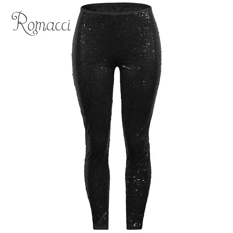

Romacci Sequin Trousers Women Sparkling Metallic Pants Women Sequin Pants Skinny Woman Trousers Stretch High Waist Pencil Pants