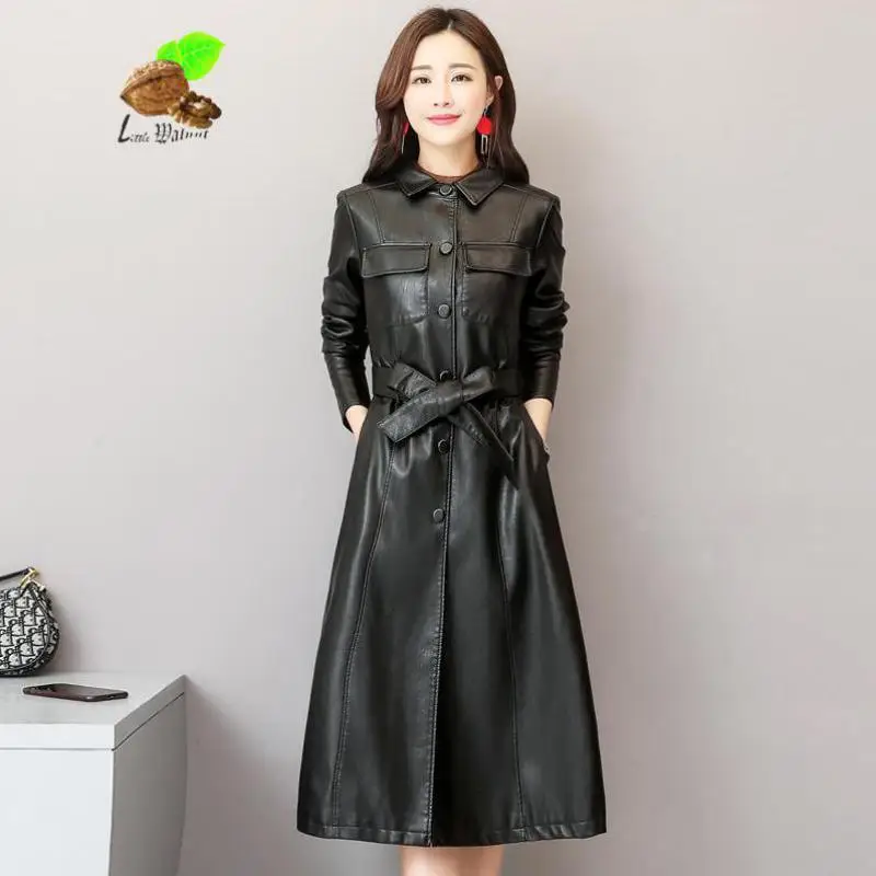 Women Vintage X-long Genuine Sheep Leather Spring Turn-down Collar Single Breasted Plus Size Trench Coats Windbreaker