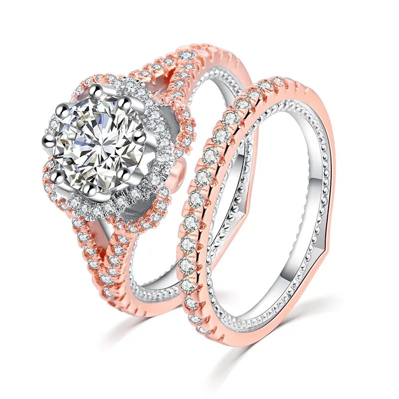 

Squar Drill Zircon Rose Gold Wedding Ring for Women Micro-inlaid Simulation Ring Set Two-tone Jewelry Engagement Love Ring Gift