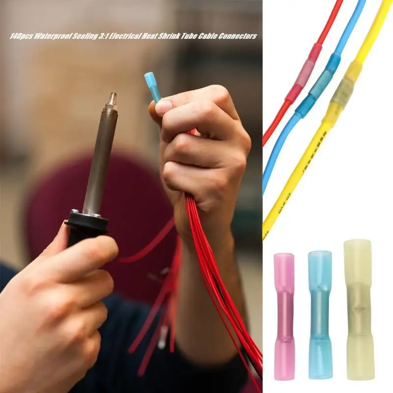 

140PCS Mixed Heat Shrink Butt Electrical Crimp Terminals Wire Cable Connectors Tube Terminal Blue Red Yellow 10-22 AWG 0.5-6mm