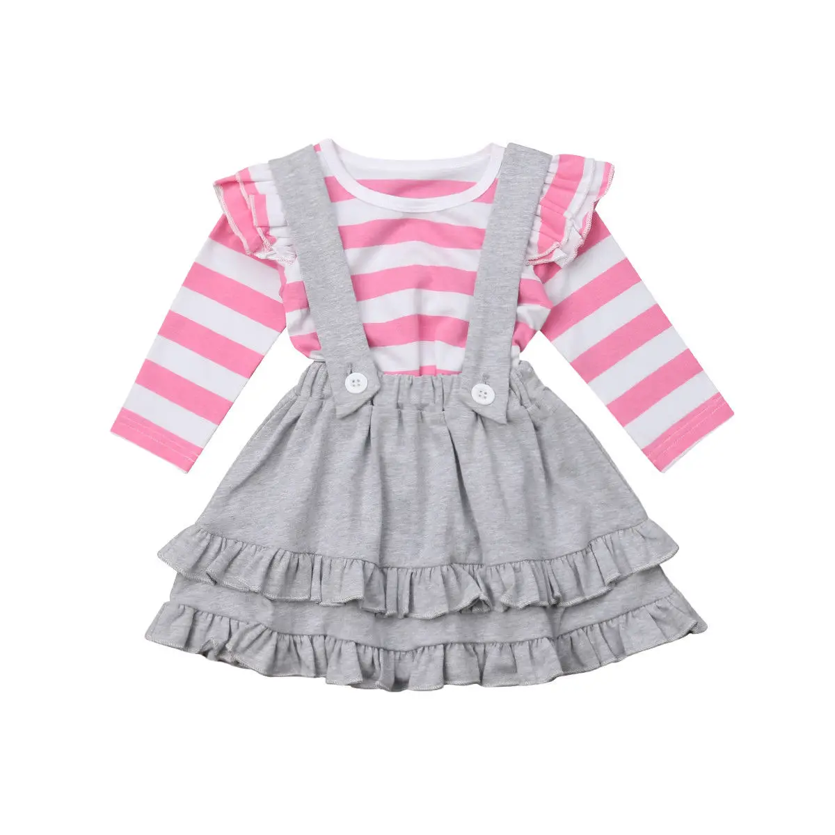 0 3Y Cute Toddler Kids Baby Girl Striped T shirt Tops Ruffles Suspender