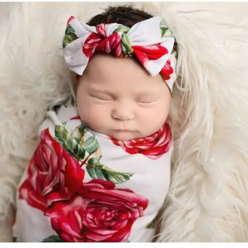 

New Newborn Baby Floral Swaddle Wrap Swaddling Sleeping Bag Blanket Headband Set Cute Soft Cotton Warm Comfy 2Pcs 9 Style