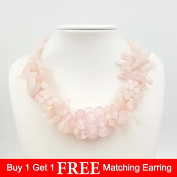 

Lii Ji Natural Stone Pink Rose Quartz beads Handmade Necklace with Jade Toggle approx 48cm