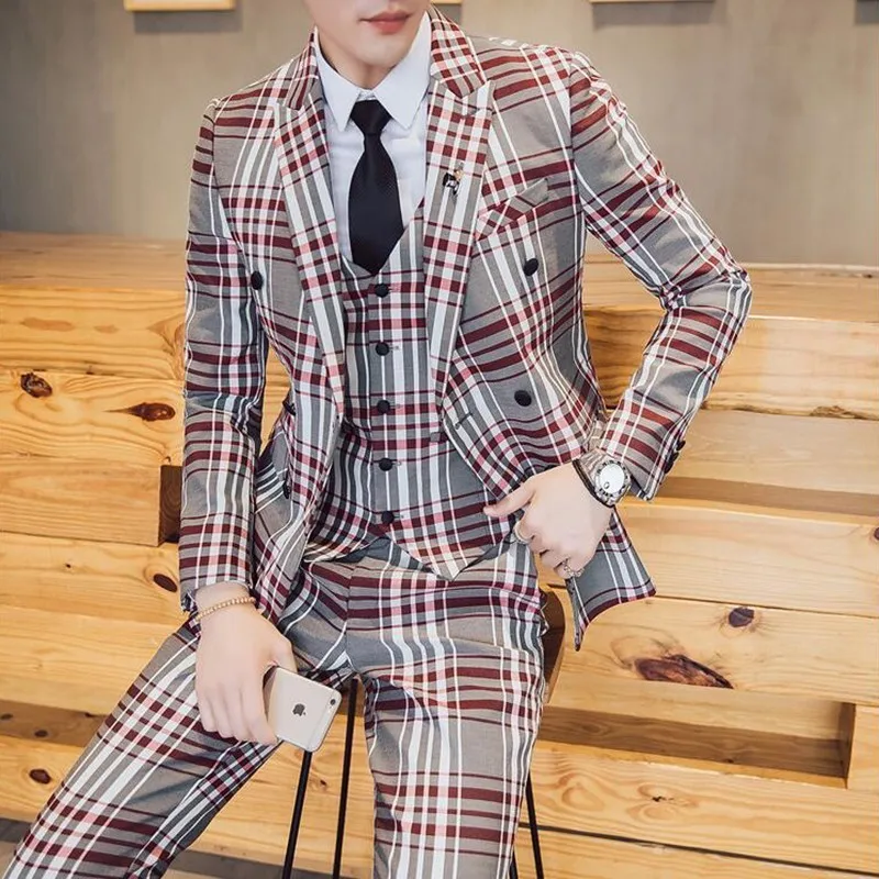 Suits Men British Latest Coat Pant Designs Mens Suit Slim Fit Plaid Stage Performance Wedding Dress Tuxedos Suits Men British Latest Coat Pant Designs Mens Suit Slim Fit Plaid Stage Performance Wedding Dress Tuxedos