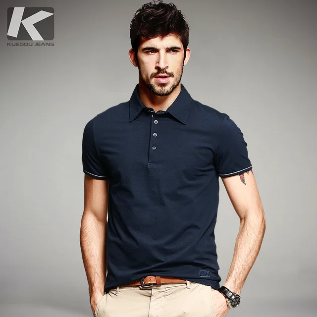 KUEGOU Summer Mens Casual Poloshirts Patchwork Blue Color Brand ...