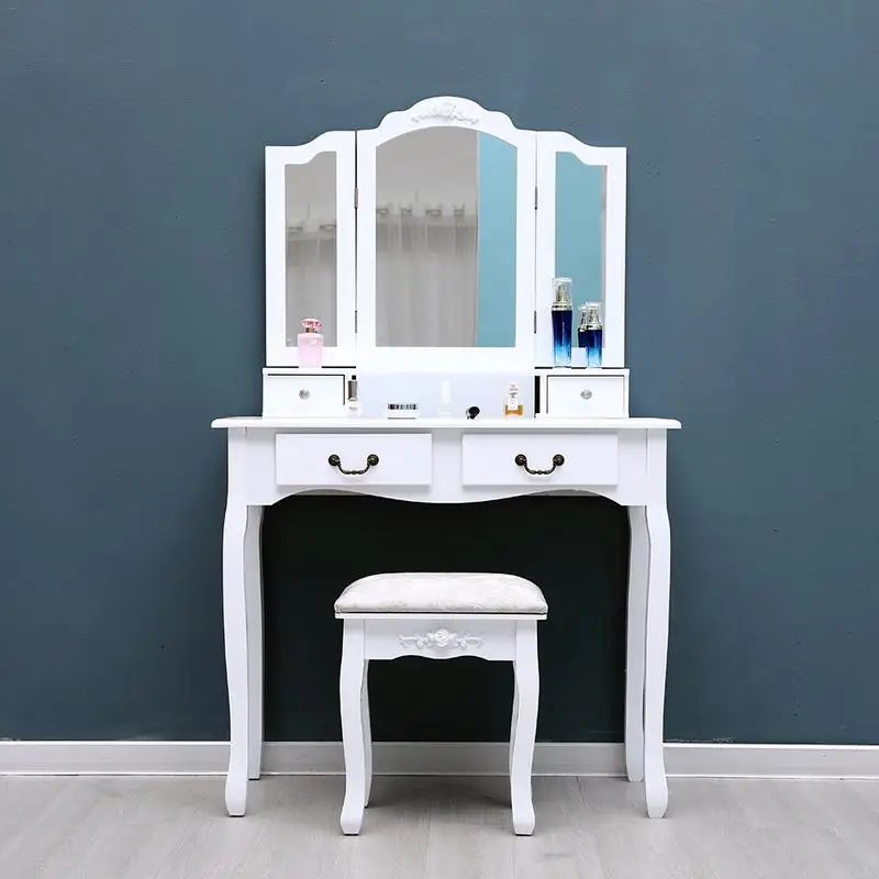 

White Tri-Folding Mirror Vanity Set 4 Drawers Dressing Table Makeup Desk & Stool US Shipping Home room bedroom decoration