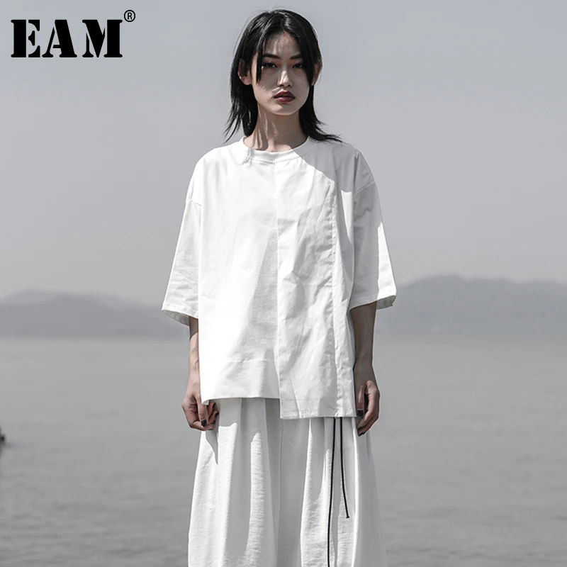 

[EAM] 2020 New Spring Summer Round Neck Half Sleeve White Brief Irregular Hem Loose Personality T-shirt Women Fashion Tide JS924