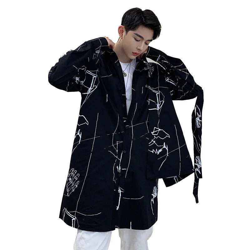 

Fashion Hip Hop Punk Long Cardigan Shirt Camisa Masculina Men Chinese Print Long Sleeve Casual Shirt Jacket Men Streetwear