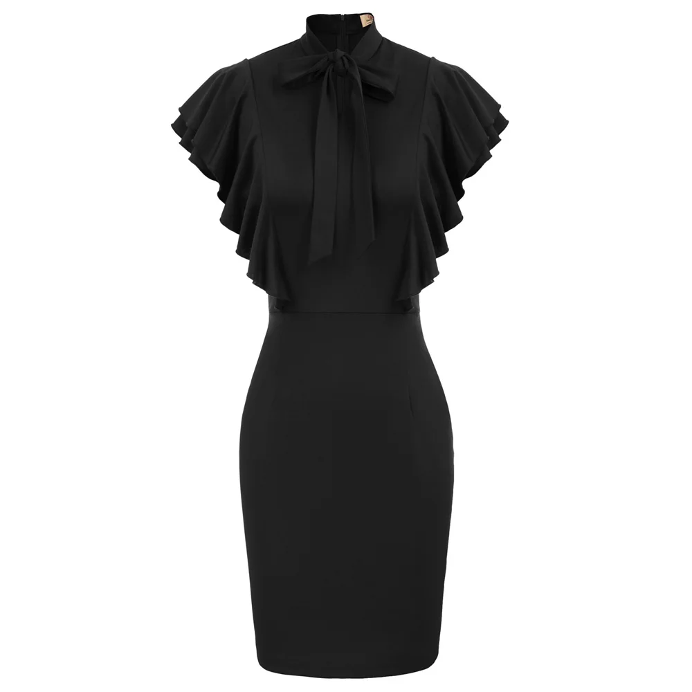 

GK summer Women Ruffle Sleeve Tie Neck dress elegant chic brief Hips Wrap Bodycon Pencil knee length evening Party Dress vestido