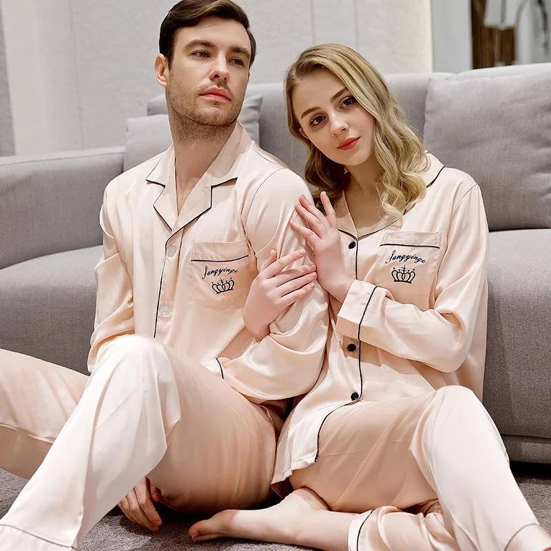 

Embroidered Pajamas Sets for Couples 2019 Spring and Summer Long Sleeve and Long Trousers Suits for Home Wear Cotton Pajamas