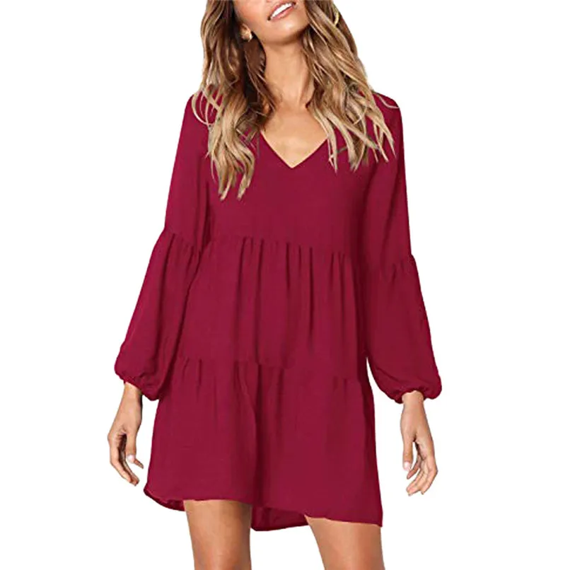 

New Fashion Women Vintage Lantern Sleeve Sexy Dress Long Sleeve Solid O-neck Party Solid Color Dress Hot Sale