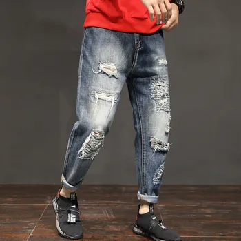 

#2053 Spring Autumn Japanese Streetwear Ripped Jeans For Men Full Length Mens Jeans With Holes Pencil Harem Biker Jeans Blue