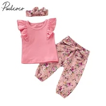 Новинка года, брендовая летняя одежда для новорожденных девочек от 0 до 24 месяцев, комплект из 3 предметов хлопковая футболка без рукавов с оборками Топы, штаны с цветочным принтом, повязка на голову