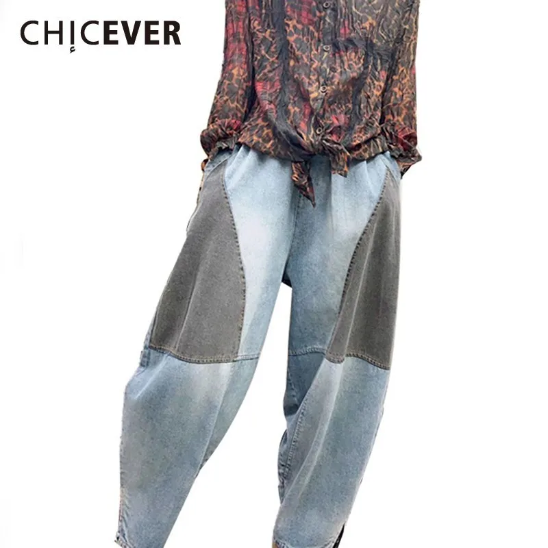 

CHICEVER Spring Patchwork Hit Color Women Denim Pant Elastic High Waist Pockets Loose Plus Size Female Wide Leg Jeans 2019 Tide