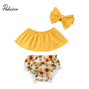 

2018 Brand New Toddler Infant Newborn Baby Girls Off Shoulder Tops+Floral Shorts+Headband 3PCS Outfits Set Sunflower Clothes