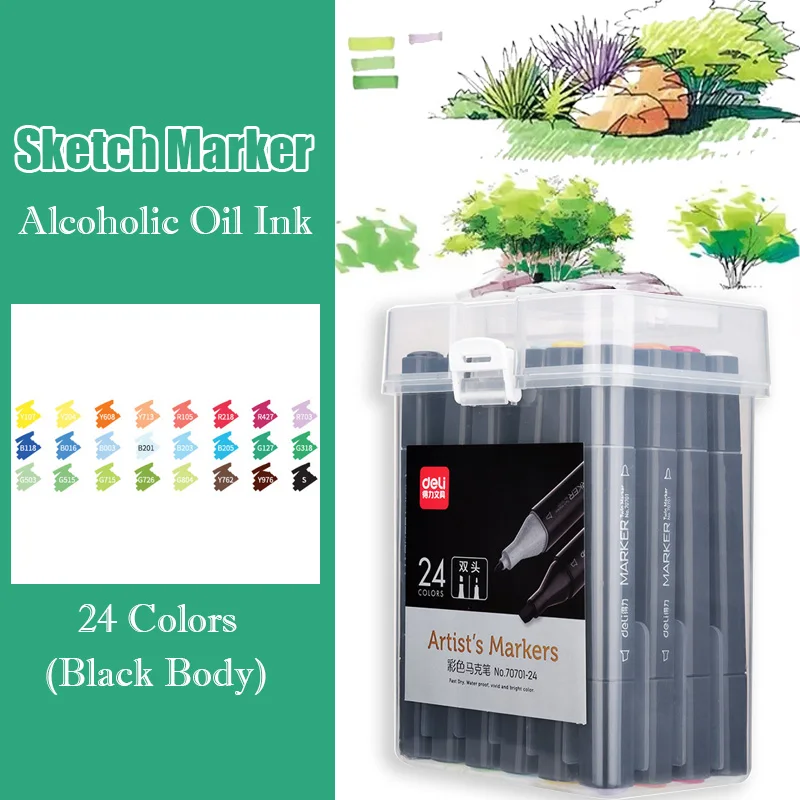 

24 Color Dual Head Art Markers Black Body Alcohol Based Drawing Sketch Marker Brush Pen For Manga Design Stationery Art Supplies