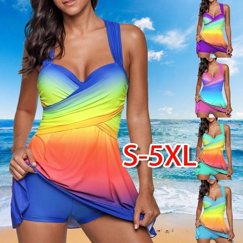 

ZOGAA Summer Sexy Gradient Plus Size Skirt Swimwear Women Two Piece Push Up Beachwear Bathing Suit Dress Plus Size 5XL