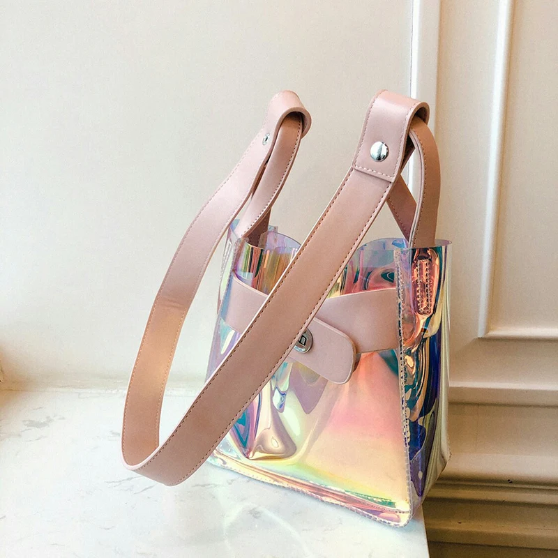 

[Super Seabob] 2019 Spring Summer Woman New Pink Color Spliced Single Strap Transparent PVC Shoulder Bag All Match LM320