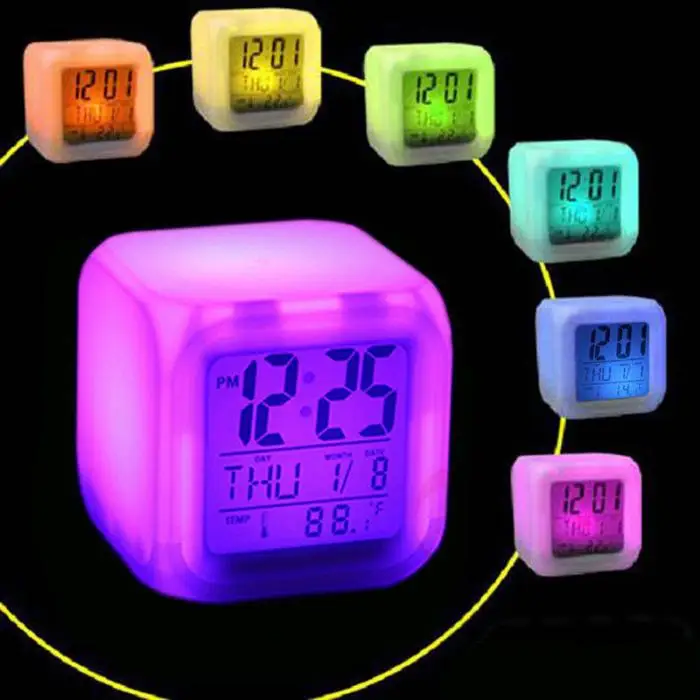 Hot 7 Colors LED Digital Alarm Clock Multifunction Thermometer Changing Night Light FBE3