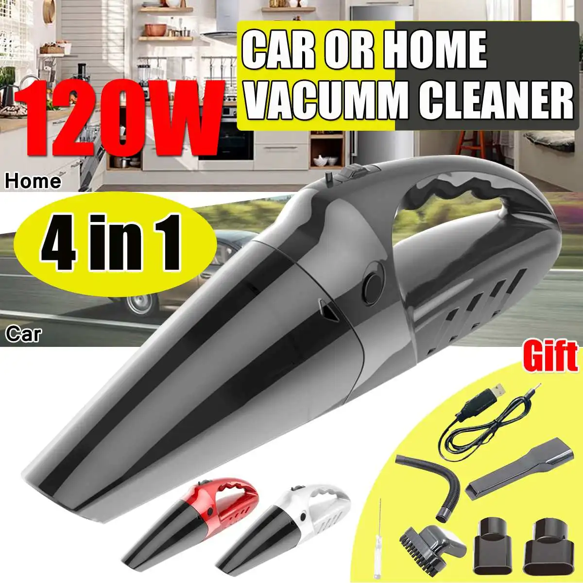 

5000PA Portable 4-in-1 Car Handheld Vacuum Cleaner 120W 2000mAh Power Suction Cleaner For Home Clean Wet Dry Dual-Use Cleaner