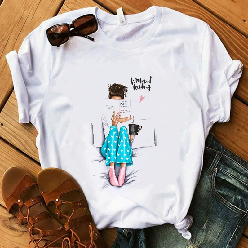 

Weekend Loading T-shirt Lady 100% Cotton Hipster Reading Book Girl Shirt Summer Beach T Shirt Soft White Tops Casual Tees