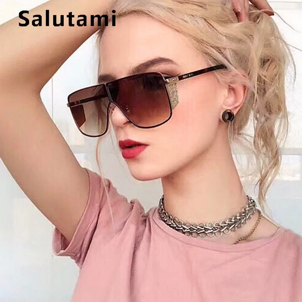 

Square One Piece Sunglasses For Women 2019 Luxury Brand Oversize Flat Sun Glasses Men Rivet Thick Frame Big Gold Clear Shades