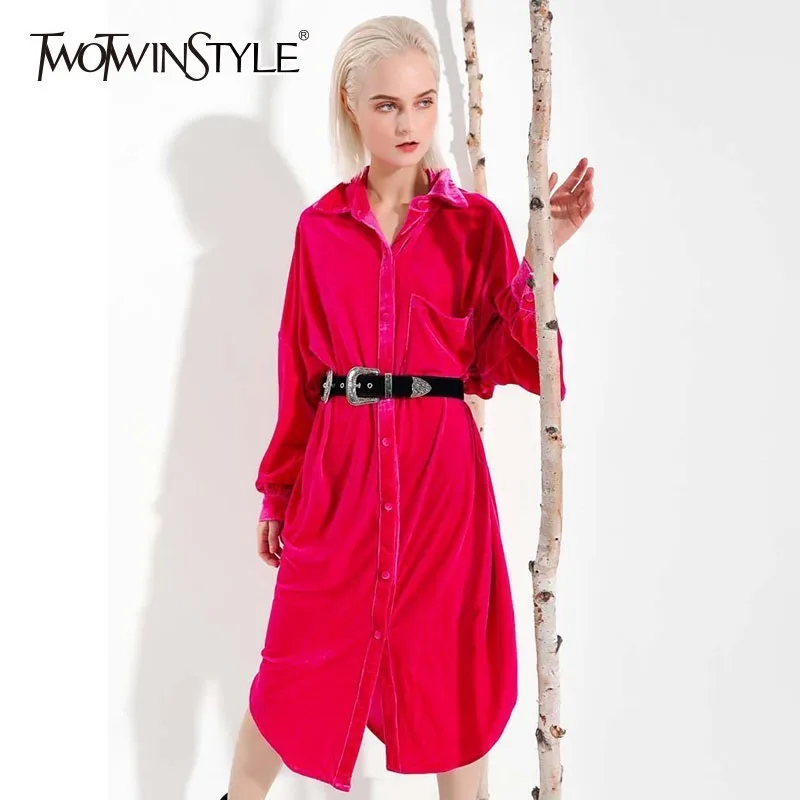 

TWOTWINSTYLE Velvet Dresses Female Long Sleeve High Waist Sashes Asymmetrical Shirt Dress Women Vintage Fashion 2020 Autumn