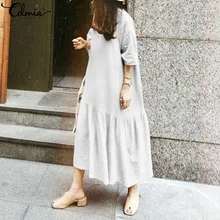 Женское винтажное платье-рубашка, лето, короткий рукав, повседневные, макси, длинные платья, одноцветные, плиссированные, Vestidos, вечерние платья размера плюс