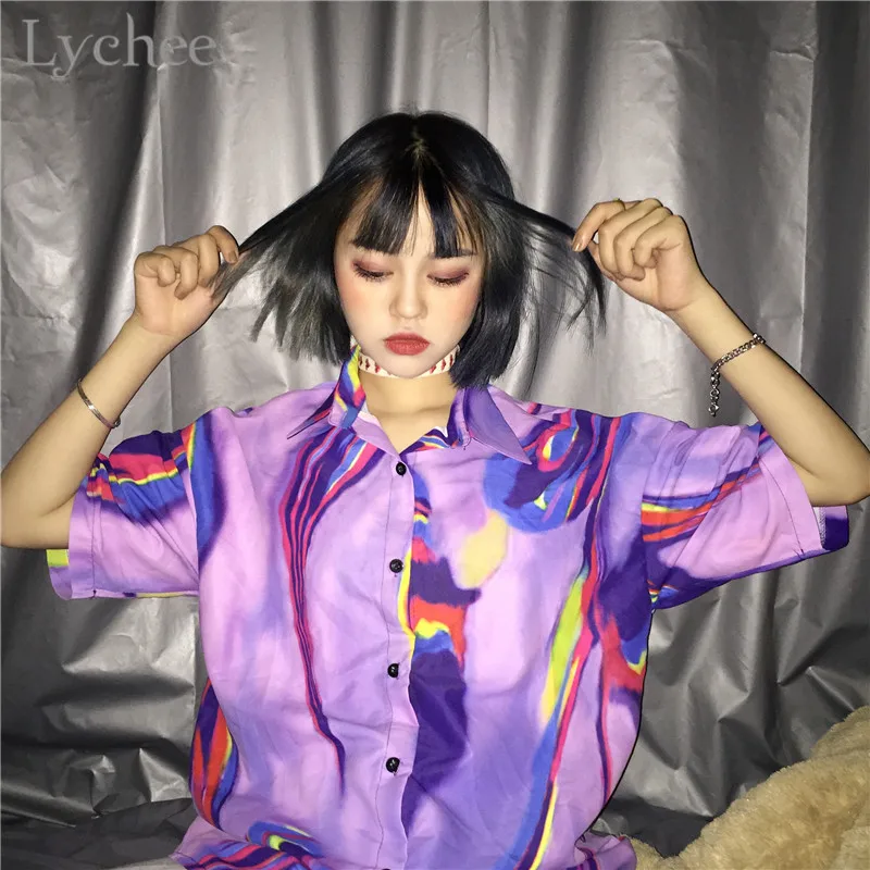 

Lychee Harajuku Laser Print Women Blouse Shirts Colorful Short Sleeve Casual Loose Female Blouse Tops
