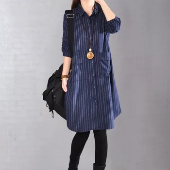 

New Korean Version Of Materity Dresses Large Size Pregnancy Dress Casual Cotton Shirt Striped Long Section Maternity Shirt Skirt