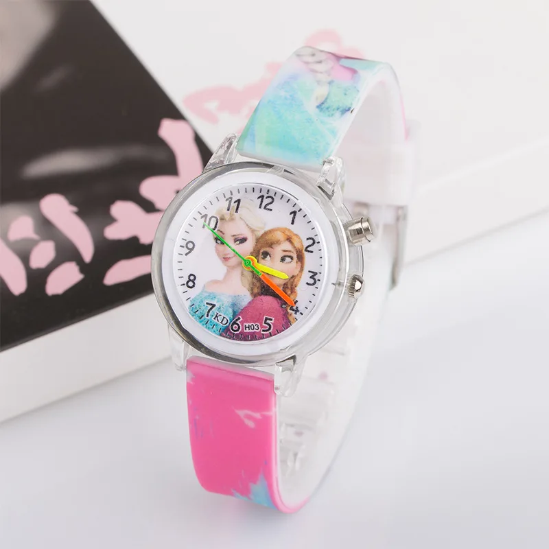 Новые Мигающий детские часы с рисунком из мультфиломов Принцесса Эльза дети часы моды милый резиновый кожаные кварцевые часы для девочек