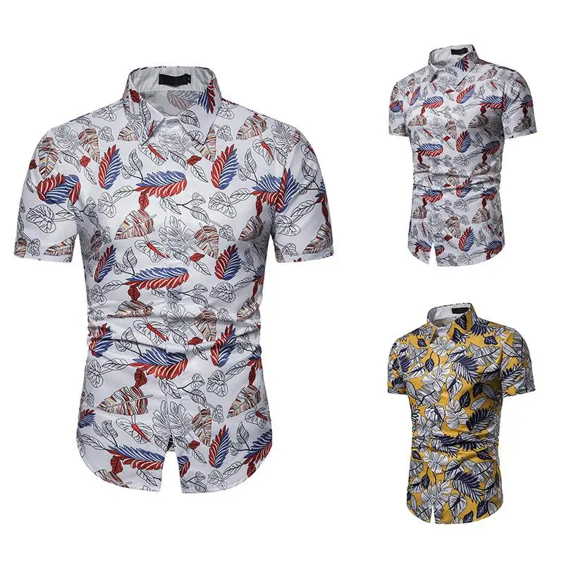

Hawaiian Blouse Men's clothing Slim Fit Floral Men's Shirts Short Sleeve Shirt for Man White yellow New