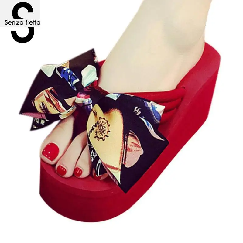 

Senza Fretta Women Summer Slippers Platform Silk Beach Slipper Floral Print Woman Flip Flop Bowtie Wedges Snadals Slides Zapatos