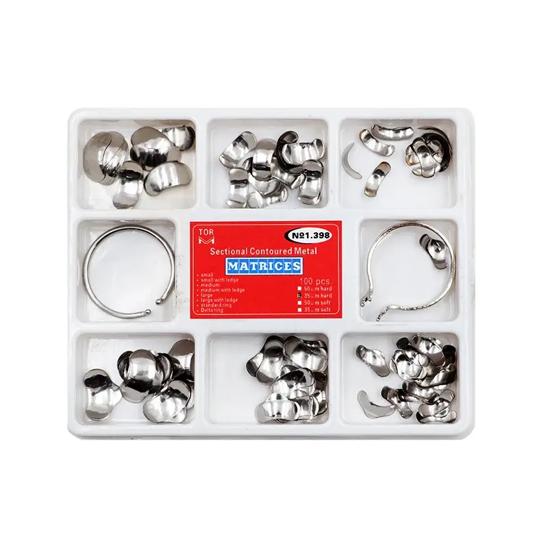

100pcs Dental Matrix Sectional Contoured Metal Matrices No1.398 Full Kit with 2pcs Ring for Teeth Replacement