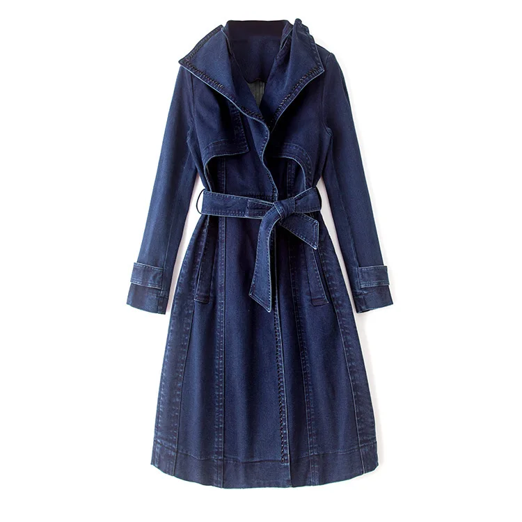 Automne De Mode Perlée Haut Européen Trench Qualité Gamme Femmes Mince Longue Col coat Nouveau 2019 Blue Bleu Solide Plissée Denim W160544 Fqdw0X