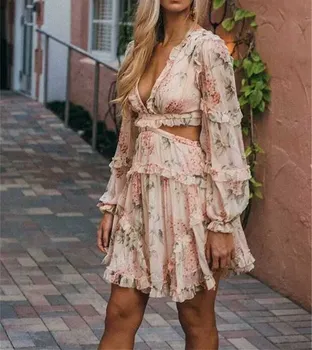 

Fashion Pink Ruffles Dress Women's Deep V neck Floral Print Dress Sexy Backless Hollow Out Chiffon Mini Dress