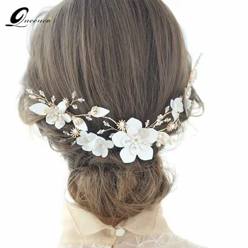 

Vintage White Leather Flower Hair Jewelry For Bride Leaves Handmade Wedding Hair Accessories Crystal Tiara Headbands
