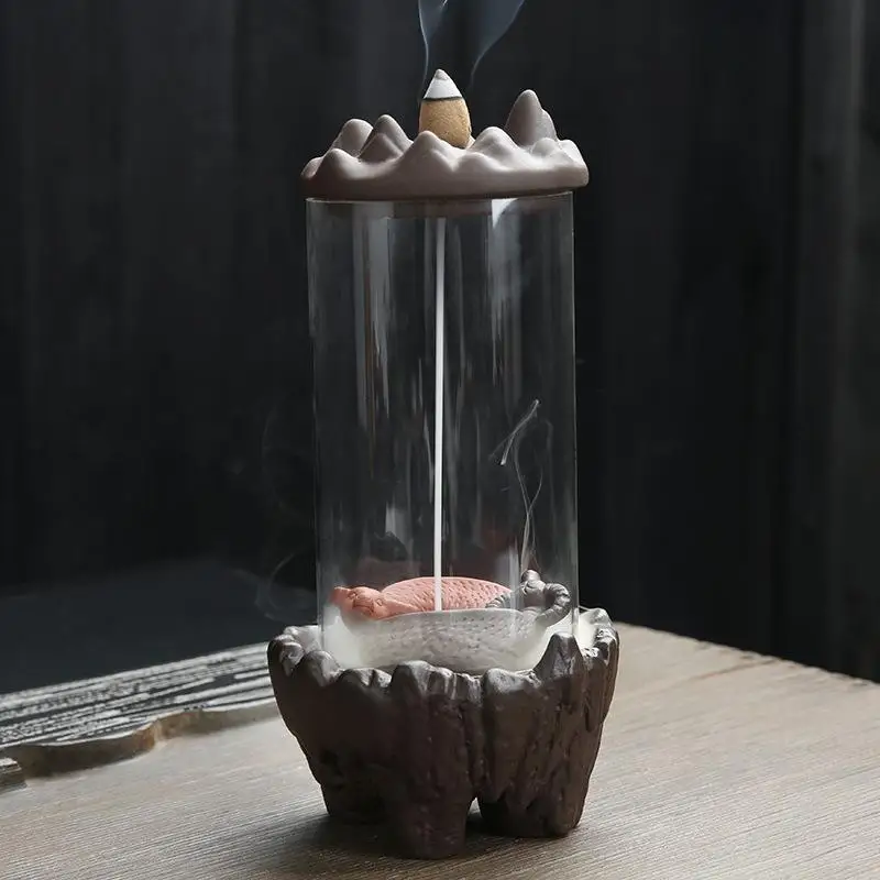 

Backflow Incense Burner With Acrylic Protective Cover Ceramic Smoke Waterfall Incense Aromatic Holder UseIn Home Office Teahouse
