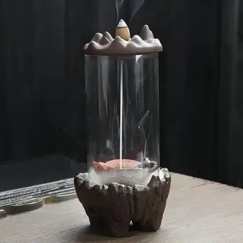 

Backflow Incense Burner With Acrylic Protective Cover Ceramic Smoke Waterfall Incense Aromatic Holder UseIn Home Office Teahouse