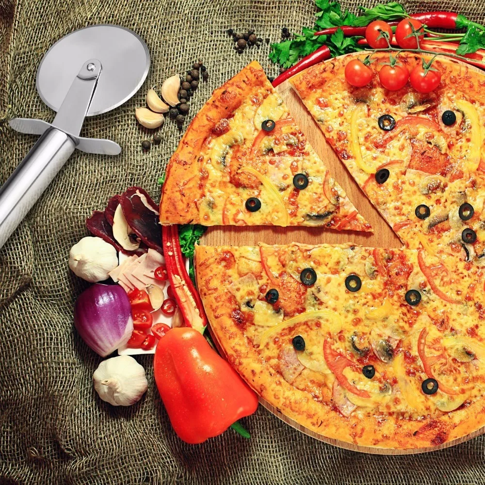 

Stainless Steel Pizza Knife Cutter Round Wheel Roller Cake Knife With Finger Protection Kitchen Tools