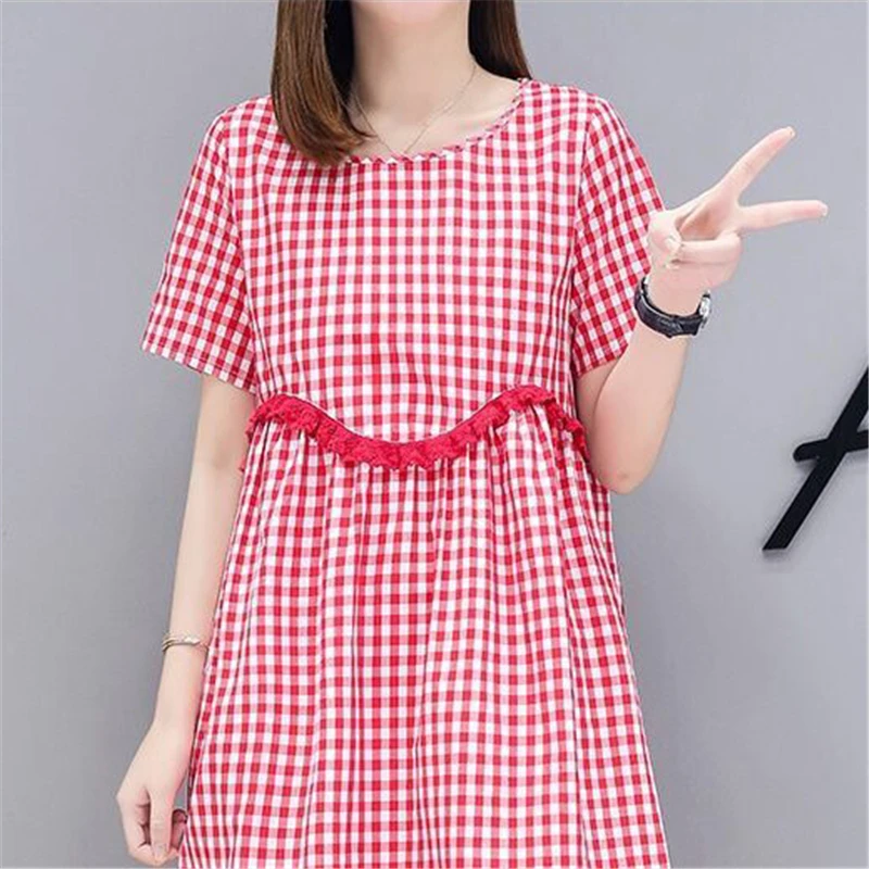 

2019 Summer Dress Female New Arrival Fashion Plaid Sweet Style Dress Short Sleeve Plus Size Women Casual Knee-Length Dresses
