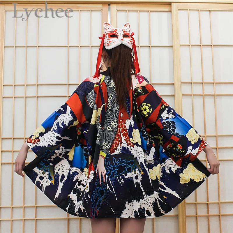 

Lychee Harajuku Japanese Wave Hand Women Kimono Cardigan Blouse Nine Quarter Sleeve Casual Loose Female Blouse Shirt Top