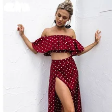 2 Piece Set Women chiffon Sexy Off Shoulder Top And Long Split Skirt Summer Polka Dot Print Crop Top A line Skirt Two Piece Set marled knit crop top with split skirt